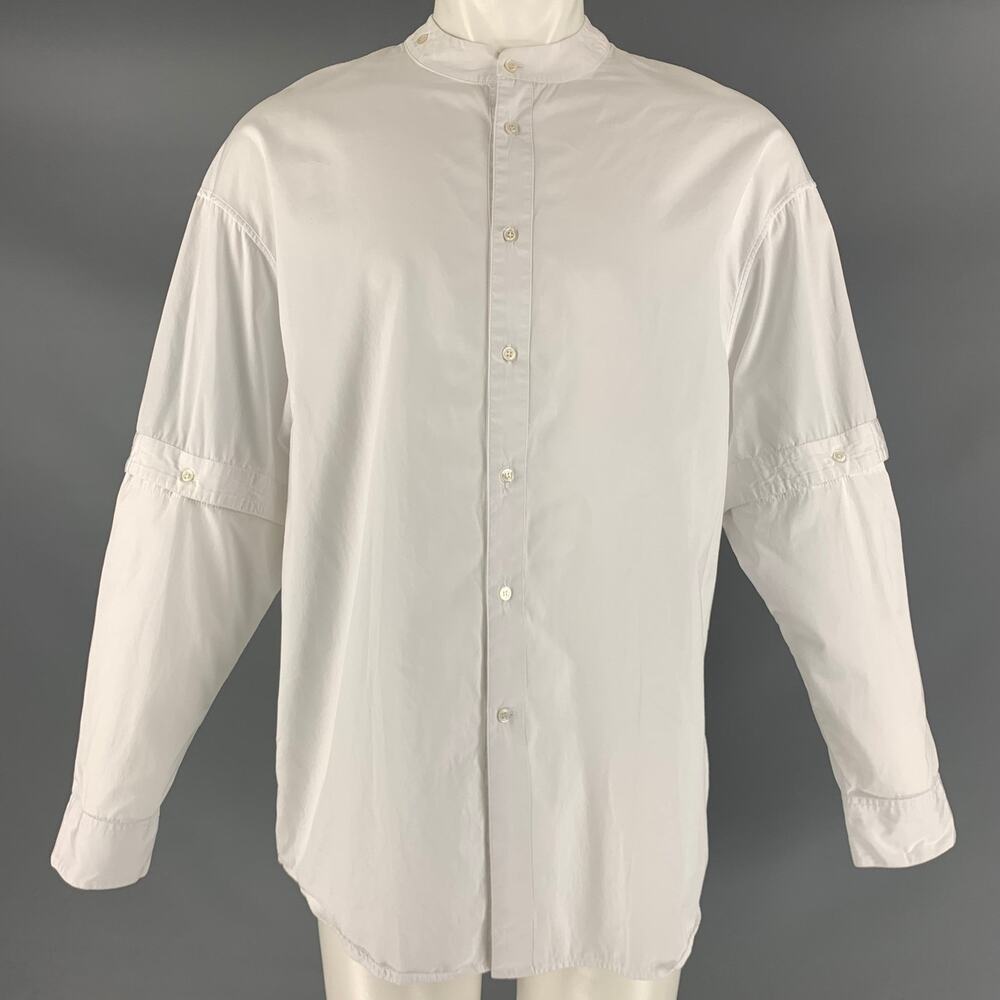HUSSEIN CHALAYAN Size S White Solid Cotton Nehru Collar Long Sleeve Shirt